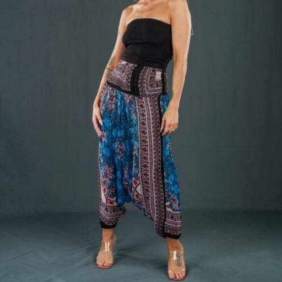 Brand New Hippie Boho Blue Multicolor Print Harem Pants - Picture 2 of 4